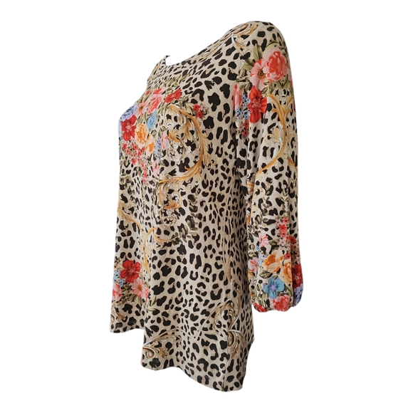 Johnny Was Cheetah Puff Sleeve Floral Top ~ Size Small - Picture 4 of 10